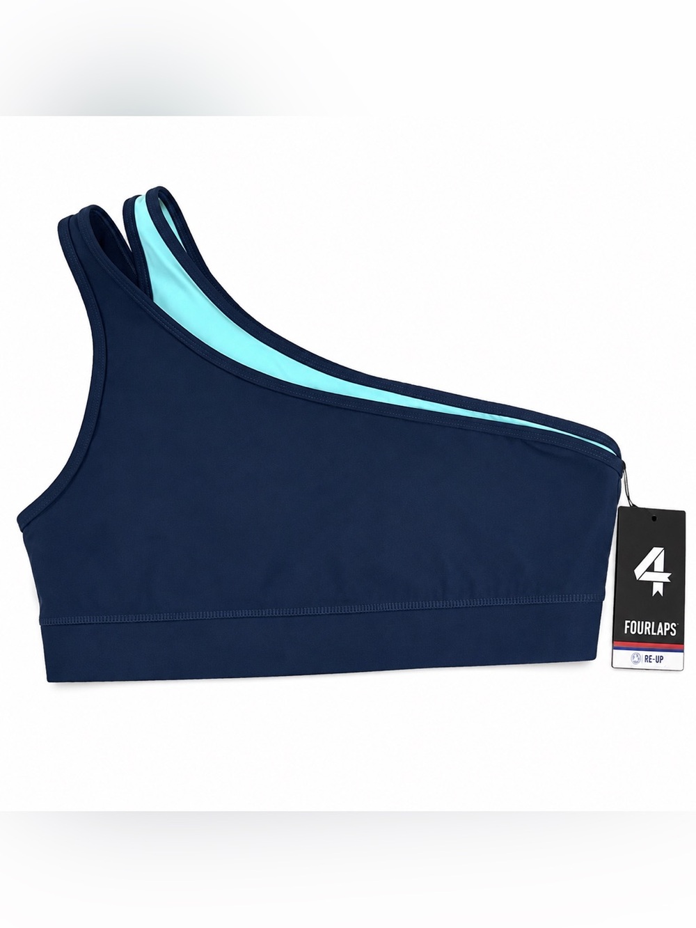Fourlaps Navy One-Shoulder Sports Bra with Mint Accent Sz L